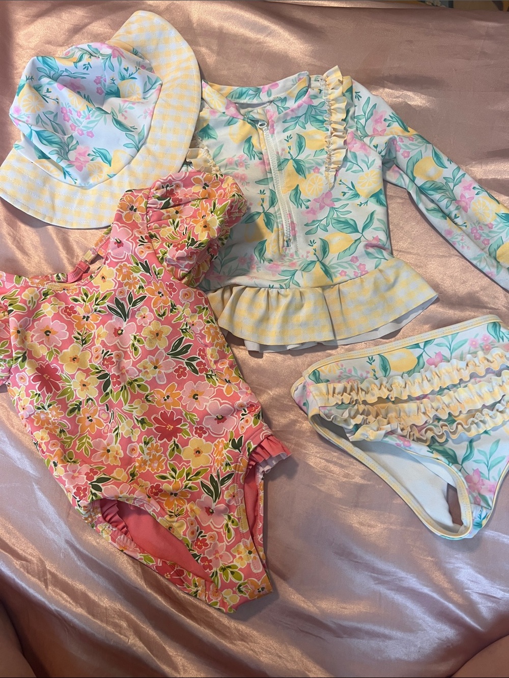 12M to 2T Girls Floral Swim Set with Sun Hat and Ruffle Rash Guard